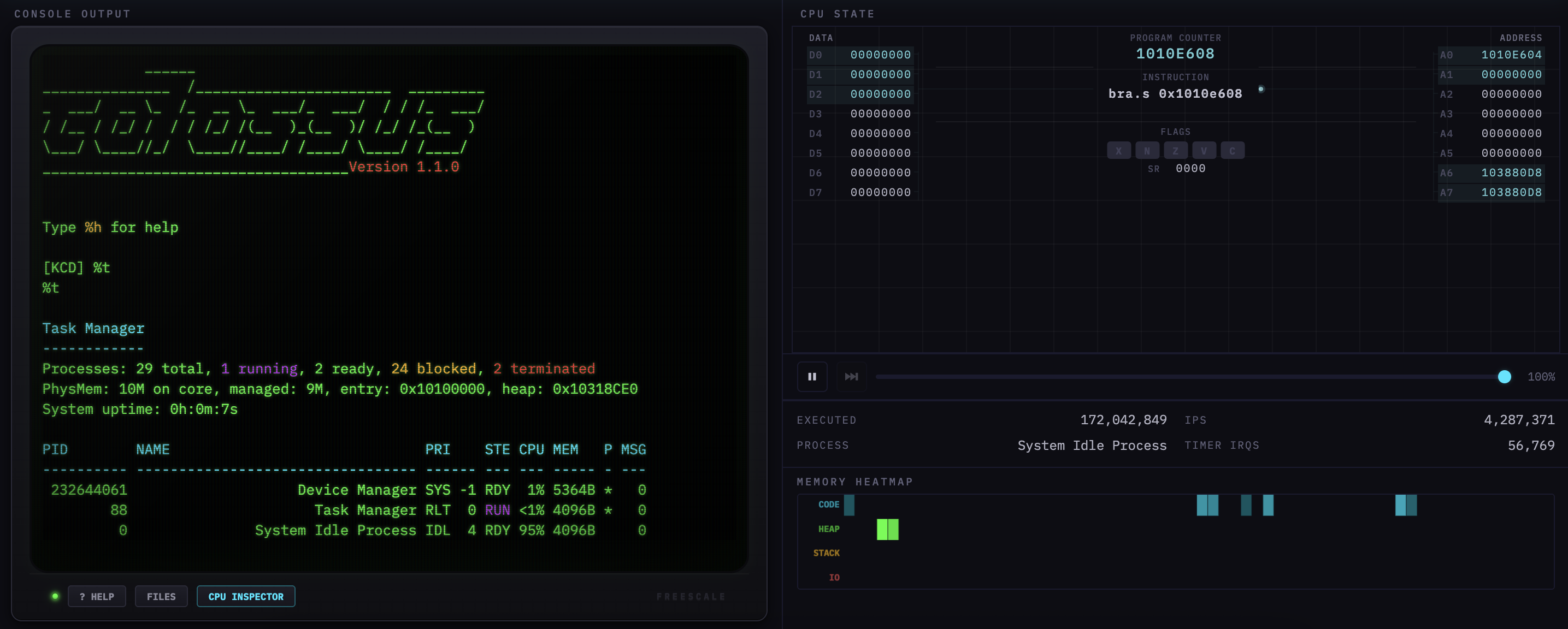Colossus RTOS running inside a web browser emulator