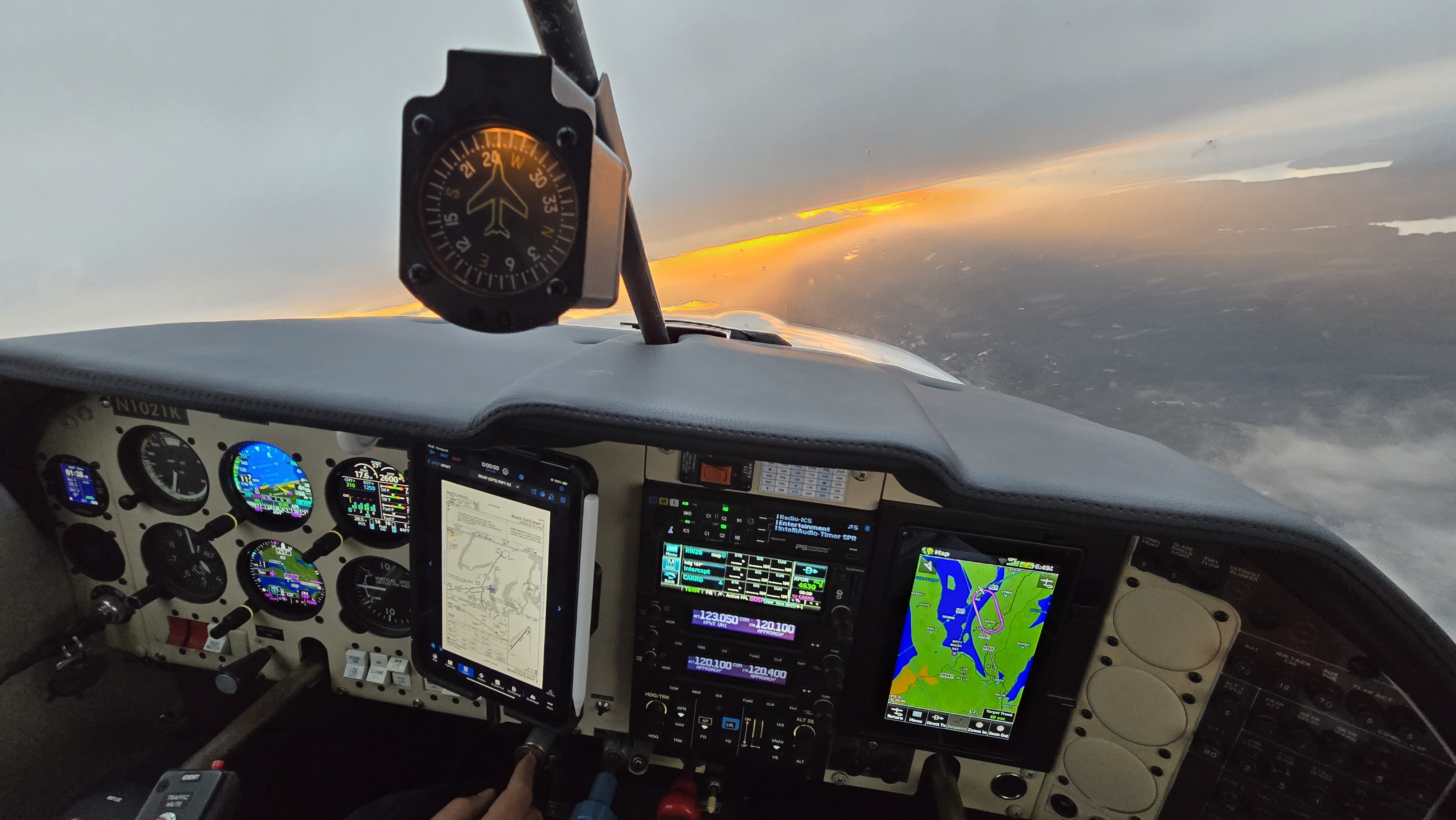 Rebuilt glass cockpit in flight at sunset